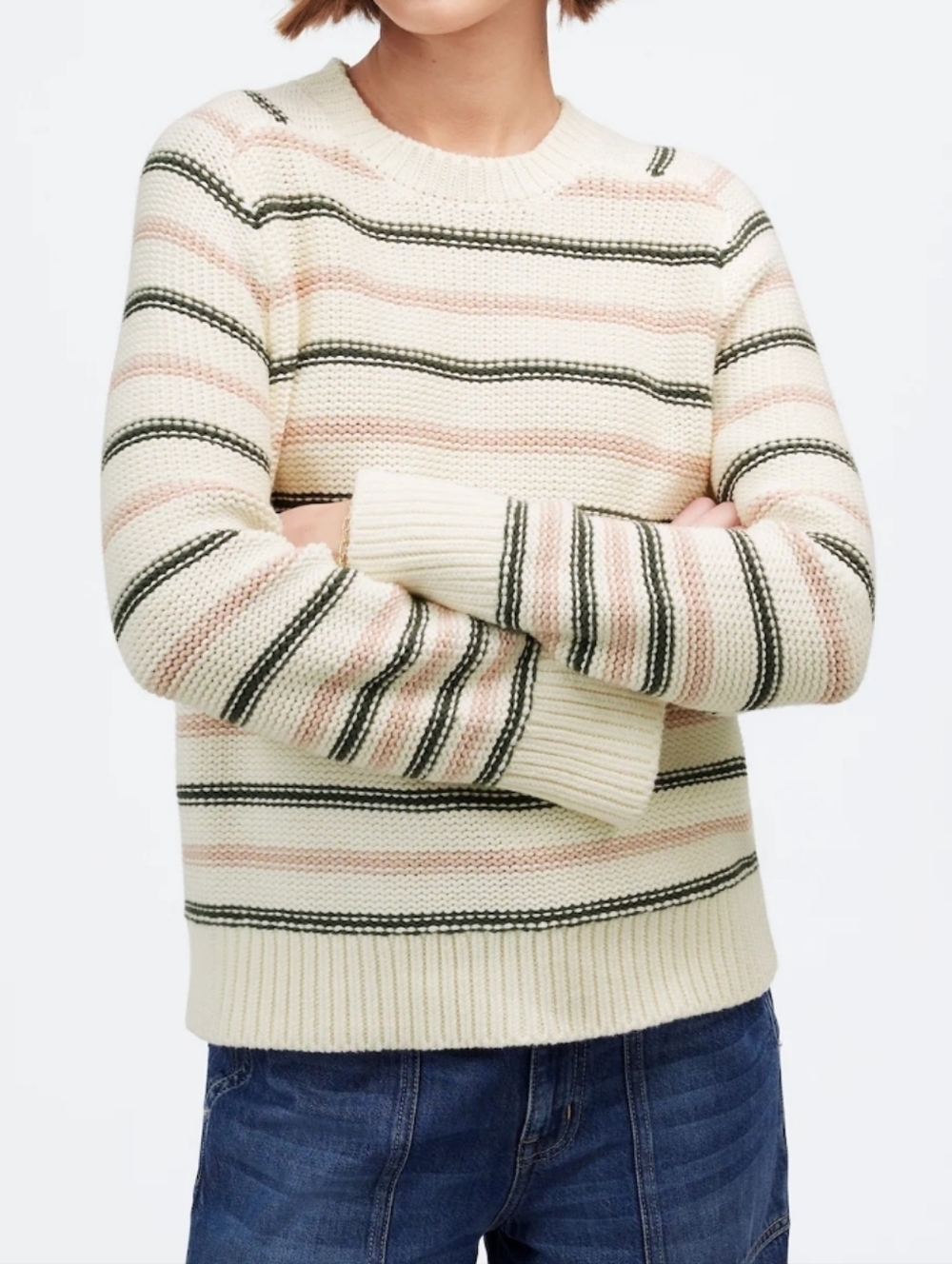 Madewell Textured Cotton Crewneck Sweater L Dark Loden Stripe Pink Gray